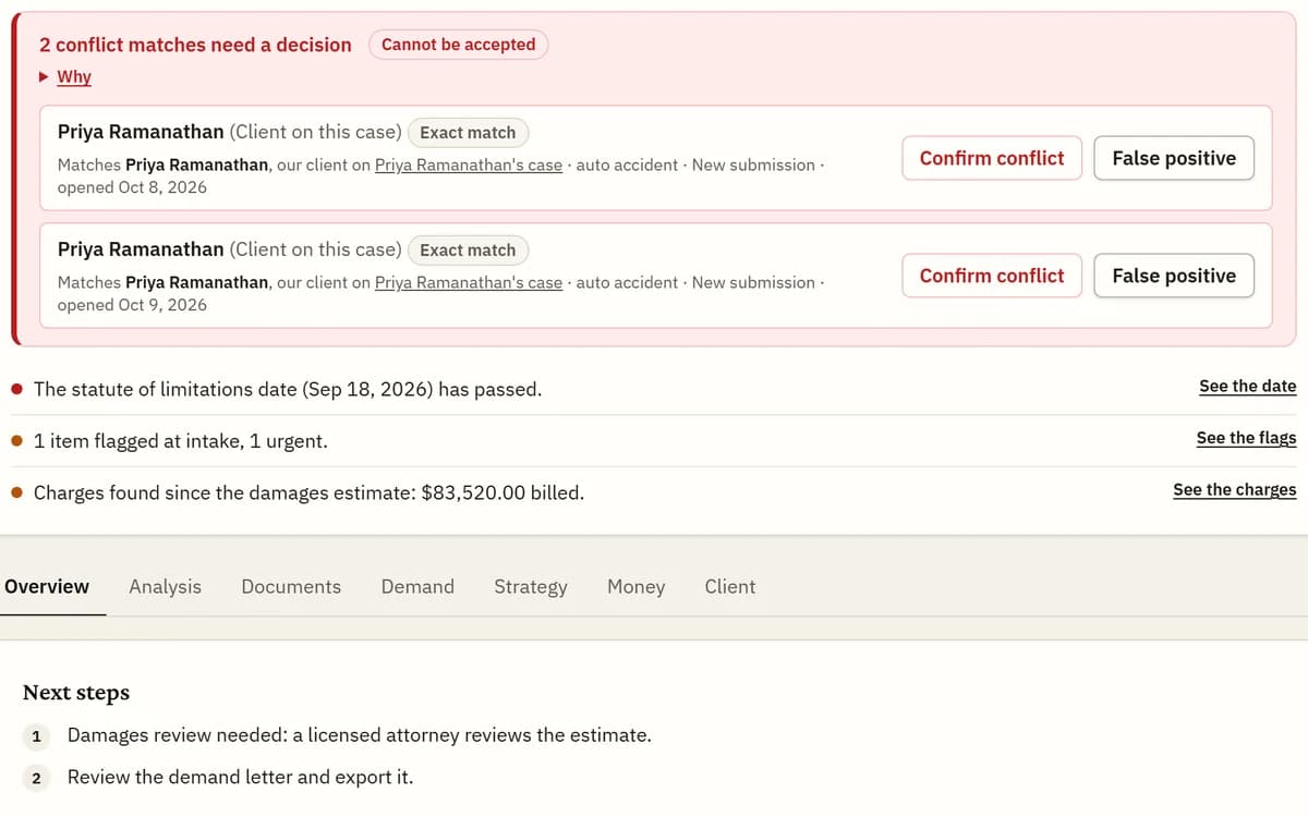 A screen from Brennick: Intake and conflicts