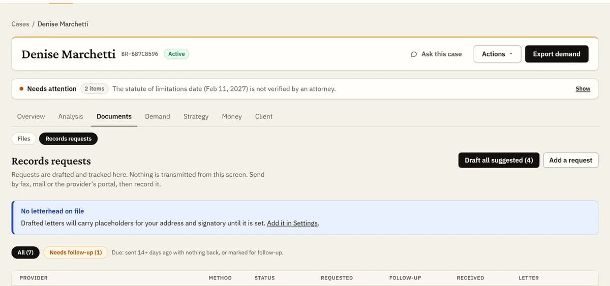 Records requests for a sample case: the providers, the suggested requests and the letters to approve.