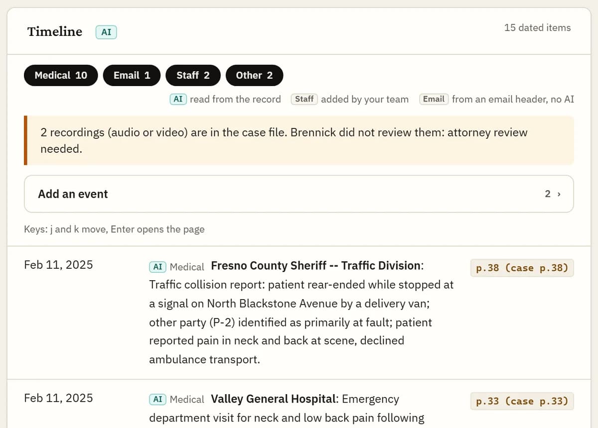 Timeline entries for a sample injury case: the date, the provider, what happened, the codes and the cited page of each.