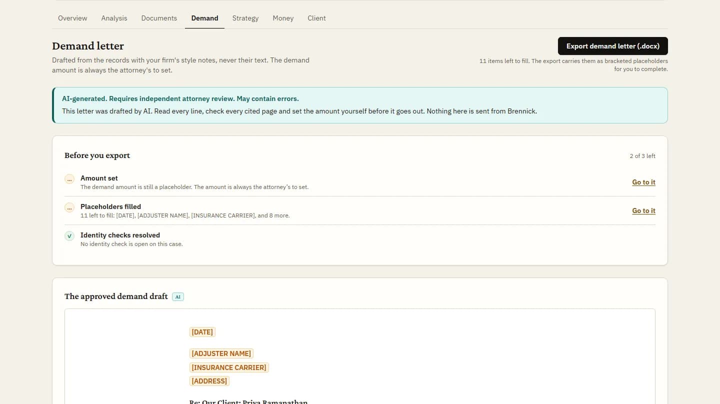 The Demand tab of a sample case: a draft letter with page citations and the Before you export checklist beside it.