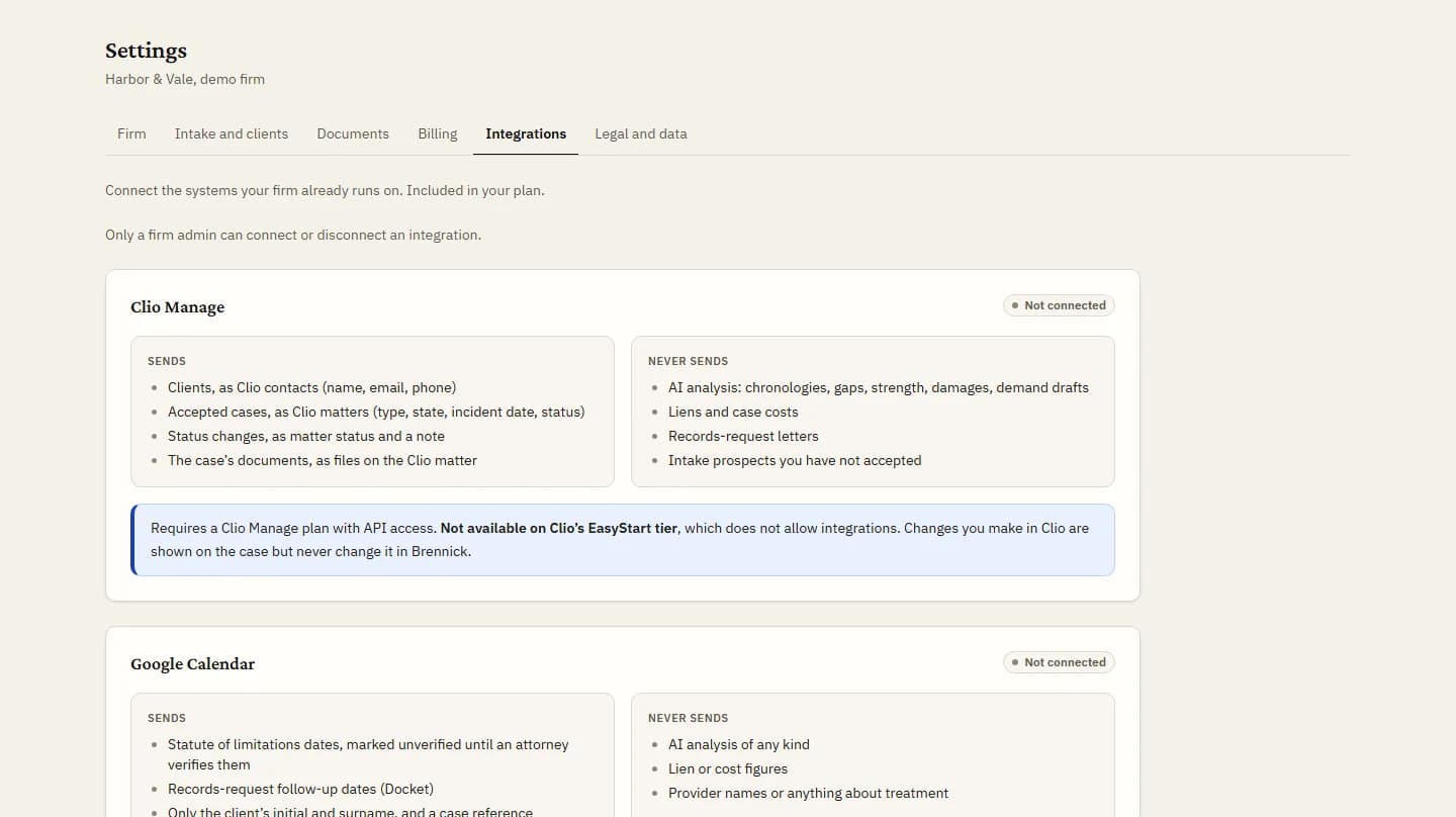 Settings, Integrations for a sample firm: Clio, Google Calendar and Outlook calendar, each with its connection status.