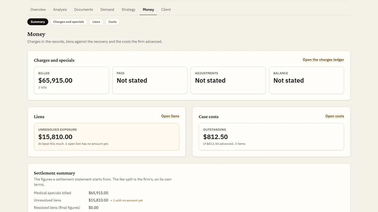 The Money tab of a sample case: specials by provider with the pages each figure came from.