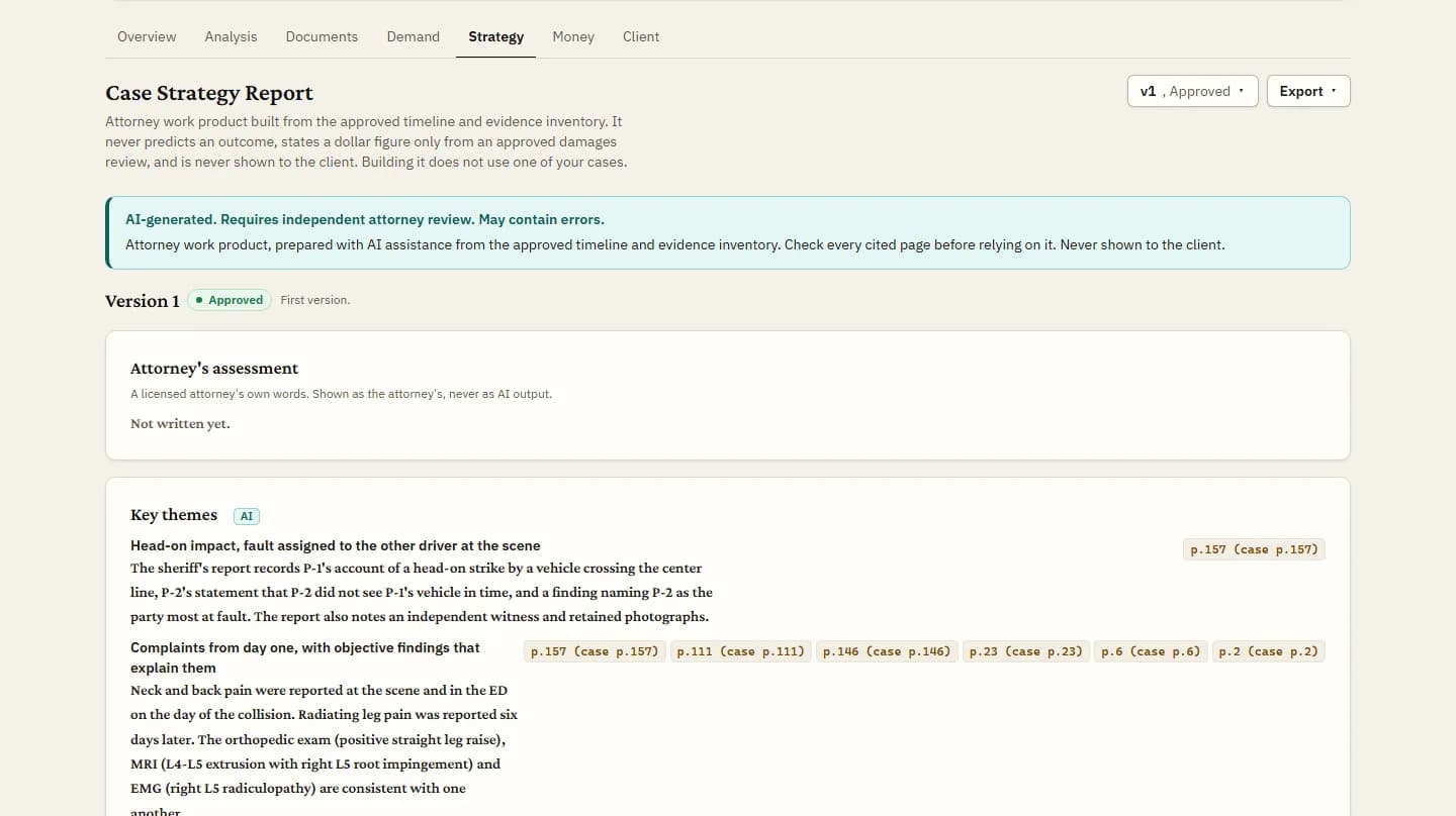 The strategy report screen for a sample case: version menu, report sections with page citations and the attorney’s assessment field.