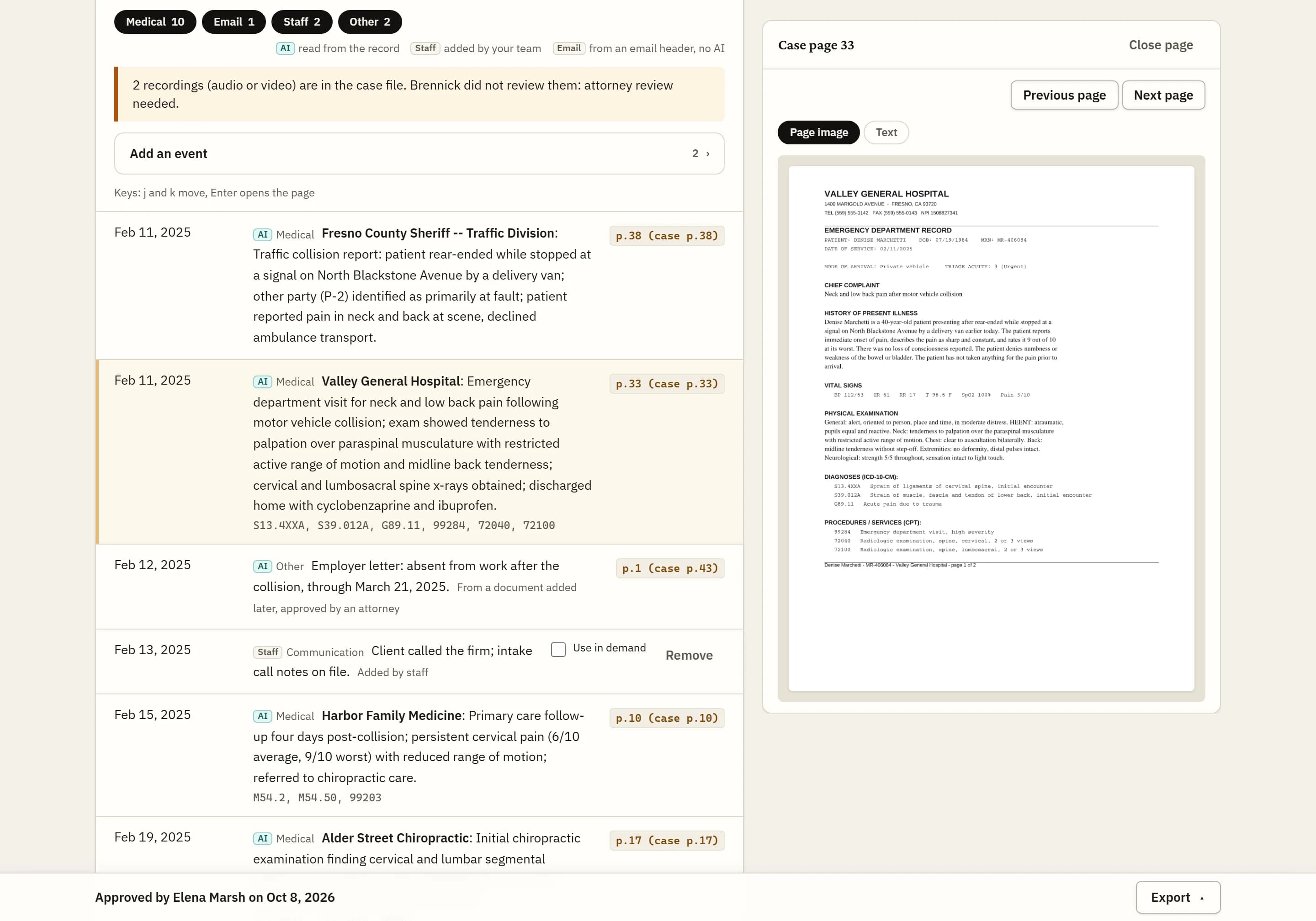The analysis screen: the case timeline on the left and the cited record page open on the right.